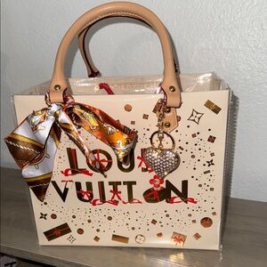 LV Cream Red and Gold shopping Tote with Tan Accents